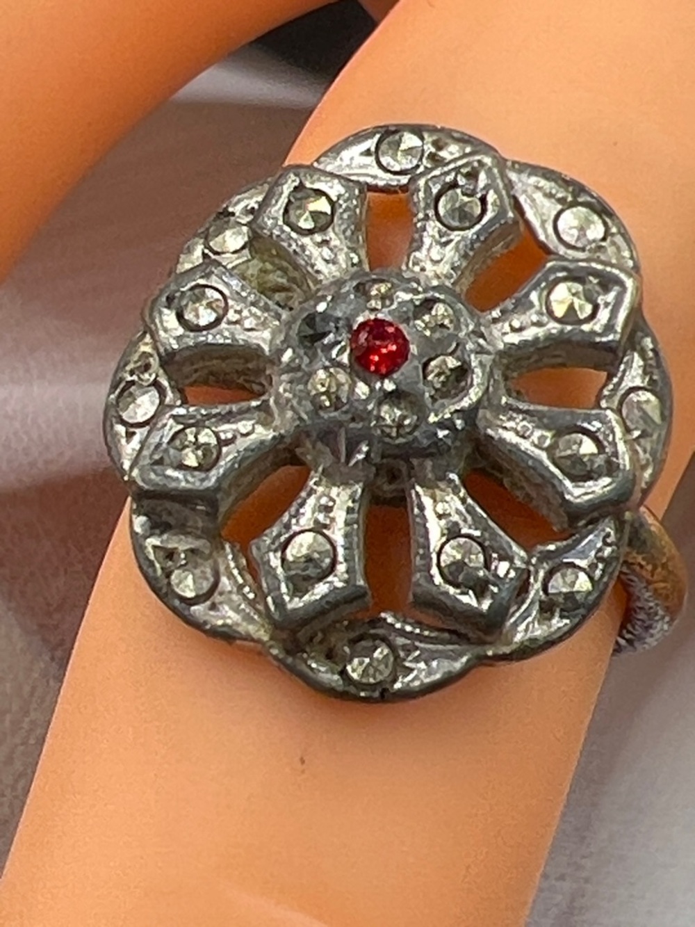 Vintage Art Deco Pot Metal Rhinestone and Marcasite Ring, 5.25